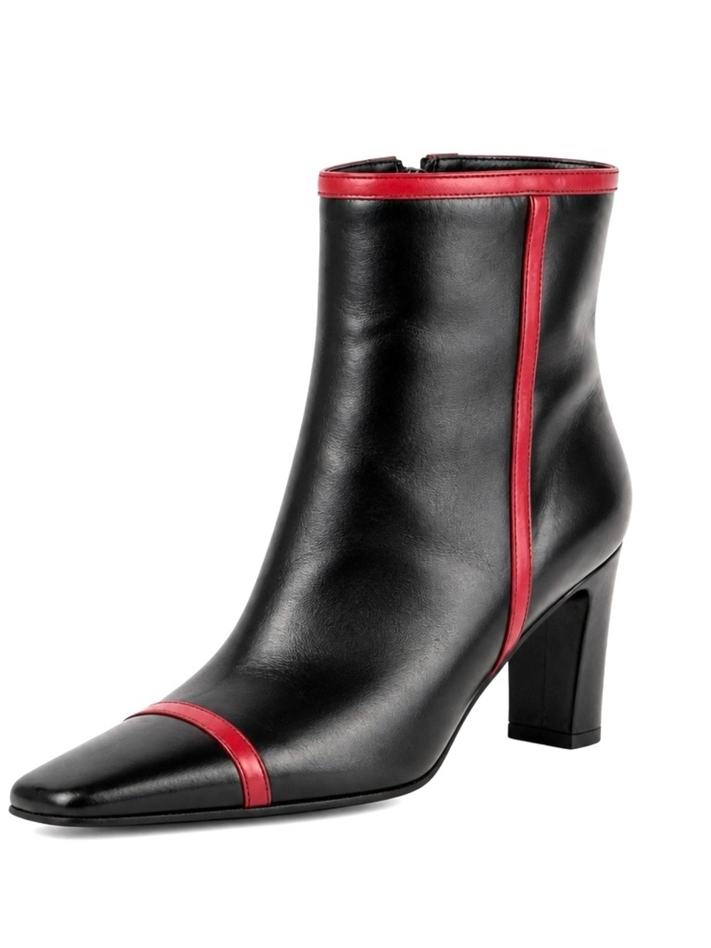 Women's Black Leather Ankle Boots with Red Trim and Side Zipper